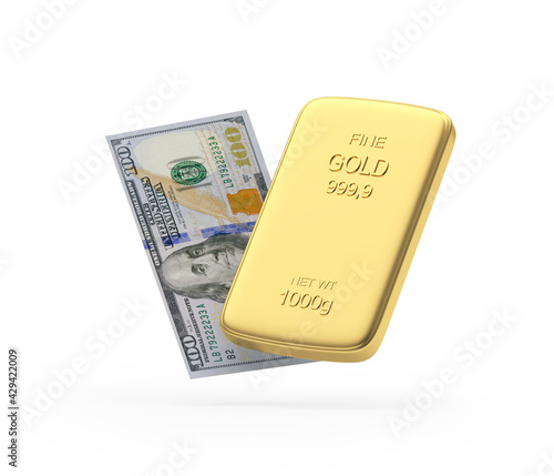 One hundred dollar banknote and gold bar isolated on white background. 3D illustration 
