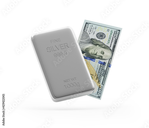Dollar banknote and silver bar isolated on white background. 3D illustration 