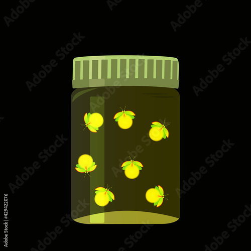Jar with glowworms isolated on black background. Vector illustration.