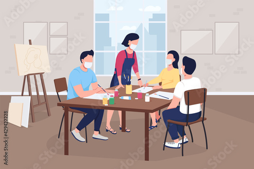 Art class during pandemic flat color vector illustration. Safe pastime. Workshop on creative hobby. Teacher and adult students in face masks 2D cartoon characters with classroom on background