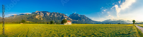Sunny mountain panorama of Schwangau 