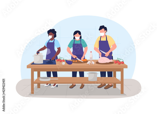 Cooking class during pandemic 2D vector web banner, poster. Chefs in training in face masks flat characters on cartoon background. Culinary course printable patch, colorful web element