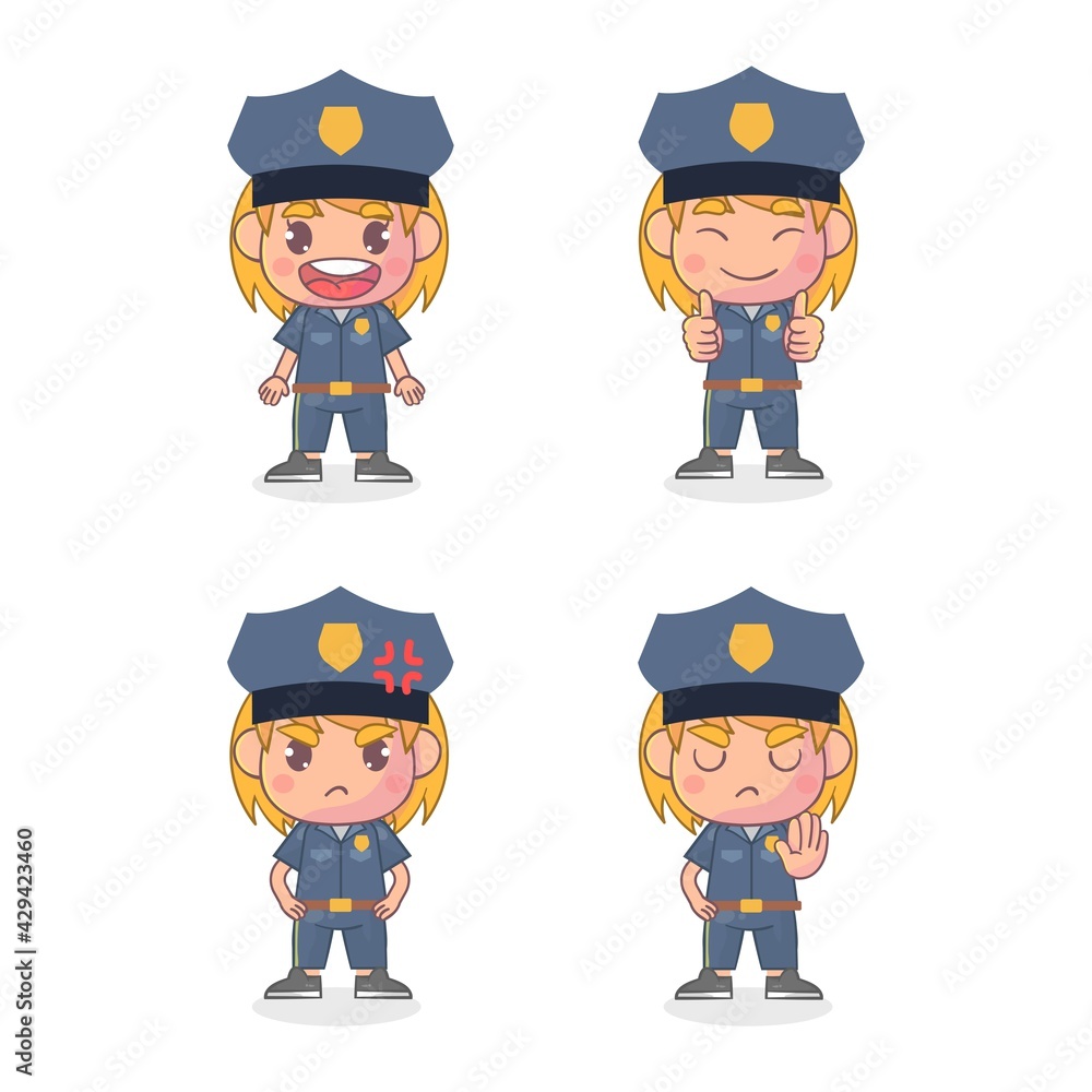 Set of happy police character with many gesture expressions Premium Vector
