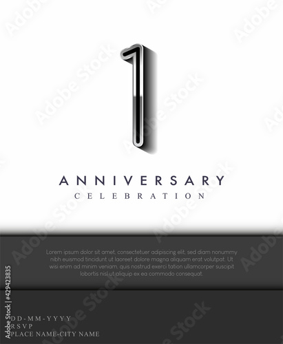 1 Year Anniversary Invitation and Greeting Card Silver Colored with Flat Design and Elegant, Isolated on white Background. Vector illustration.