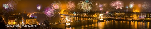 Fireworks in Budapest. New year celebration. Skyline panorama of the city