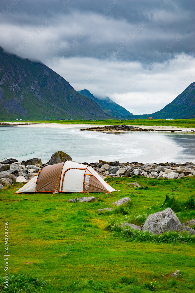 Tent on sea shore, Lofoten Norway