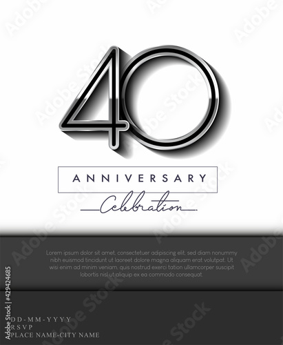 40 Years Anniversary Invitation and Greeting Card Silver Colored with Flat Design and Elegant, Isolated on white Background. Vector illustration.