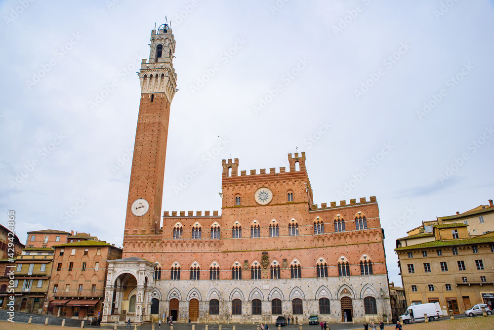 Torre del Mangia at Piazza del Campo, a tower in Siena, Tuscany, Italy