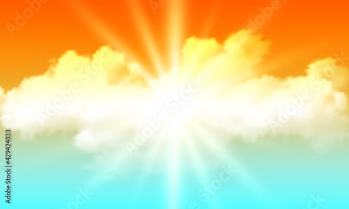 Orange blue sky with sun and clouds  vector art illustration.