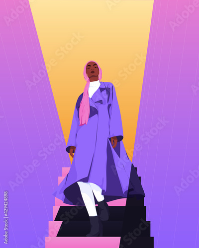 Woman in hijab walking down stairs vector illustration