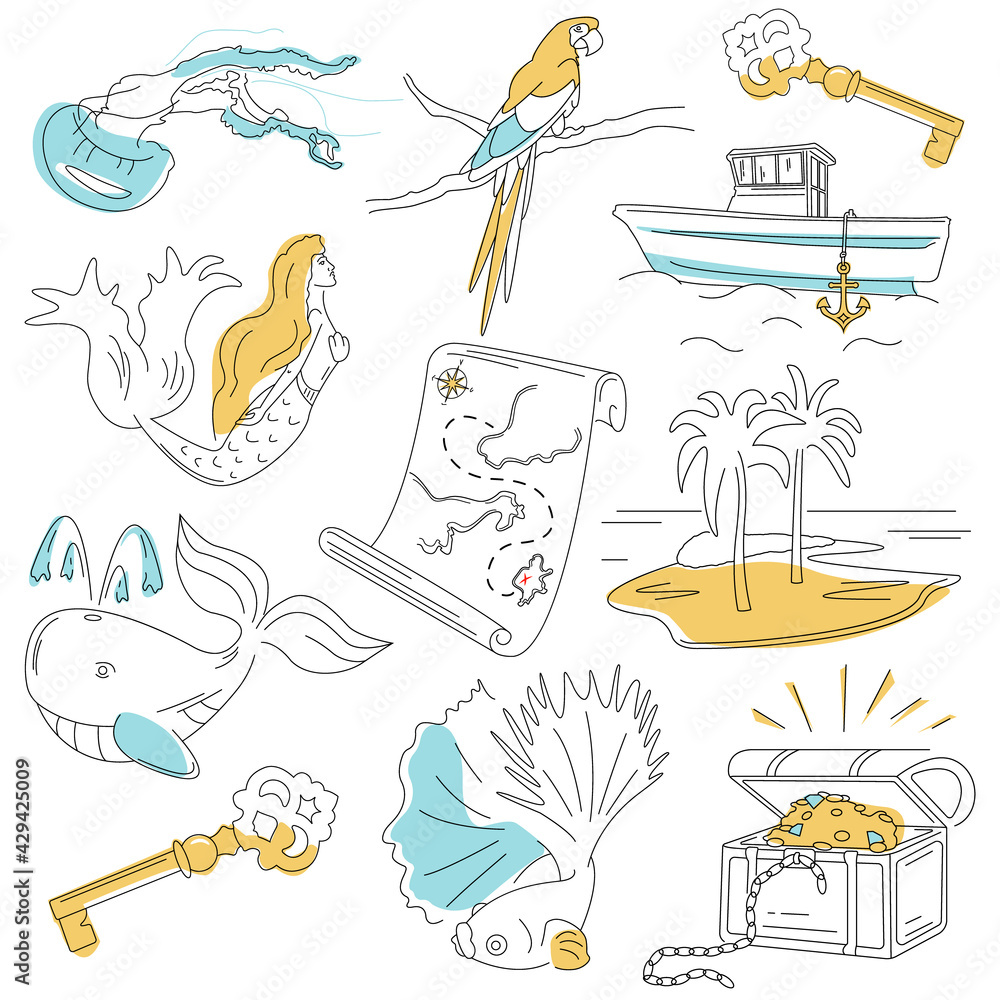 Naklejka premium Stylish bright pictures about summer, travel, exotic tourism. Cute baby linear icons about sea adventures. Set of prints for clothes. Logo for animator, kindergarten, baby goods store, food. Simple