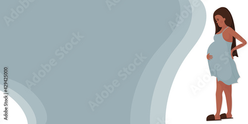 Banner design concept about pregnancy, childbirth, family creation. A young black pregnant woman stands in a nightgown and holds a sore back with her hands. Preparation for childbirth, support groups