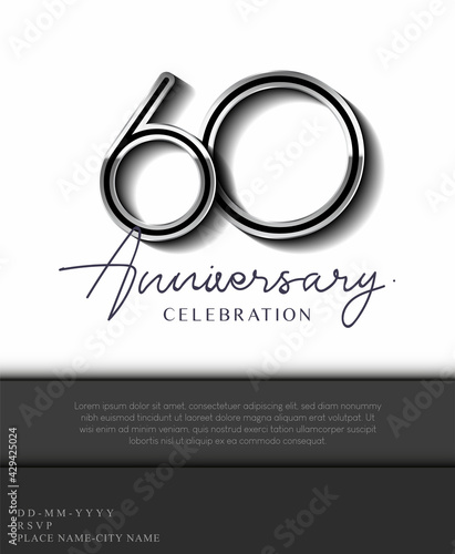 60 Years Anniversary Invitation and Greeting Card Silver Colored with Flat Design and Elegant, Isolated on white Background. Vector illustration.