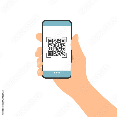 Flat design illustration of male hand holding touch screen mobile phone. QR code scan for payment or identification, vector