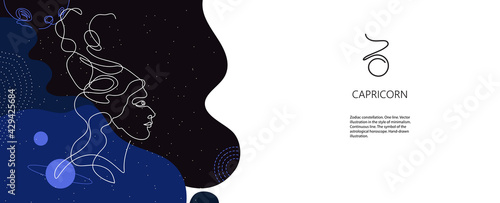 Zodiac background. Capricorn constellation. Horizontal banner. One line.