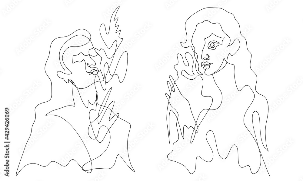 Two abstract minimal silhouette of elegant women with plants in hands or flowers. Hand drawn. Black contour on white. Natural and simple concept. Great as blank template, design element or object. Two abstract minimal silhouette of elegant women with plants in hands or flowers. Hand drawn. Black contour on white. Natural and simple concept. Great as blank template, design element or object.