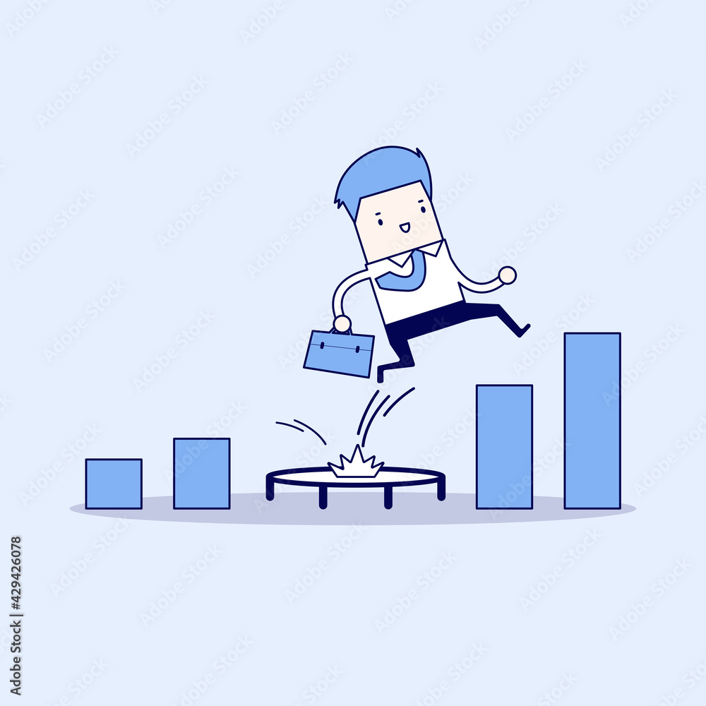 Businessman jumping from trampoline back to top of growing bar graph. Cartoon character thin line style vector.