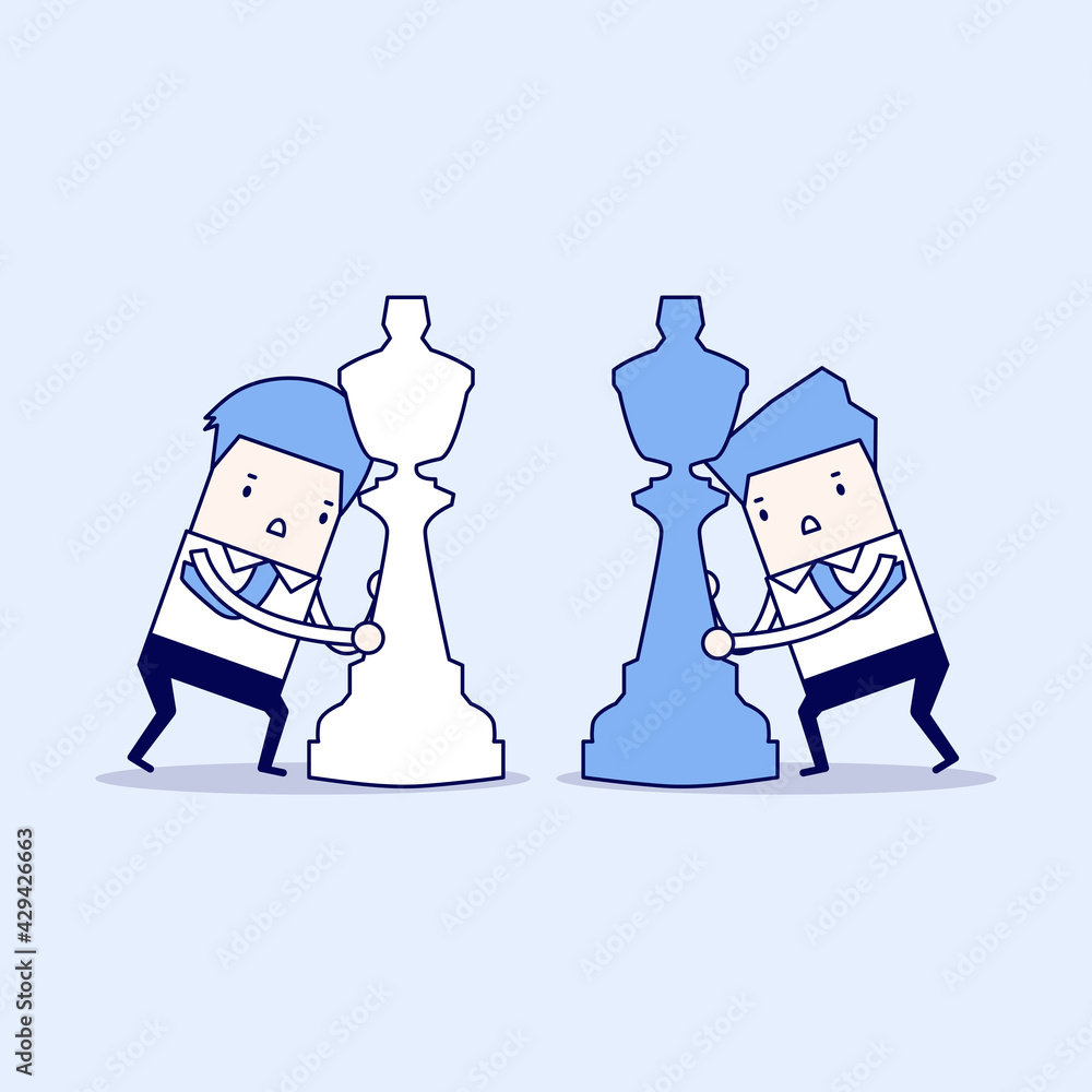 Businessmen with horse chess and fighting each other. Business competition concept. Cartoon character thin line style vector. Businessmen with horse chess and fighting each other. Business competition concept. Cartoon character thin line style vector.