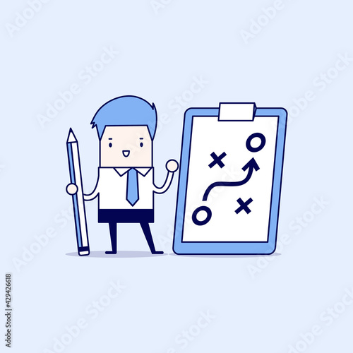 Businessman holding pencil and paper of planning strategy concept. Business tactic. Cartoon character thin line style vector.