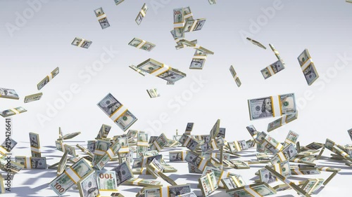 Animated stacks of money fall from the top on a white surface. 3D image of a stream of stacks of money falling to the surface, covering it. The concept of money flow. 
