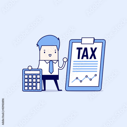Businessman standing with tax document on clip board and calculator. Tax payment concept. Cartoon character thin line style vector.