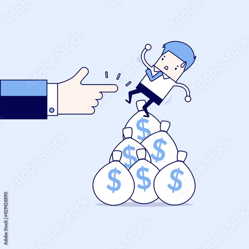 Businessman falling from money bag. Cartoon character thin line style vector.
