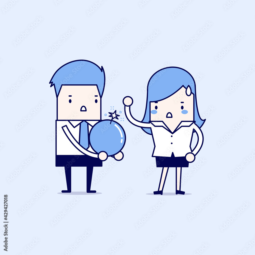 Businessman carrying a big bomb is sending it to a friend. Cartoon character thin line style vector. Businessman carrying a big bomb is sending it to a friend. Cartoon character thin line style vector.