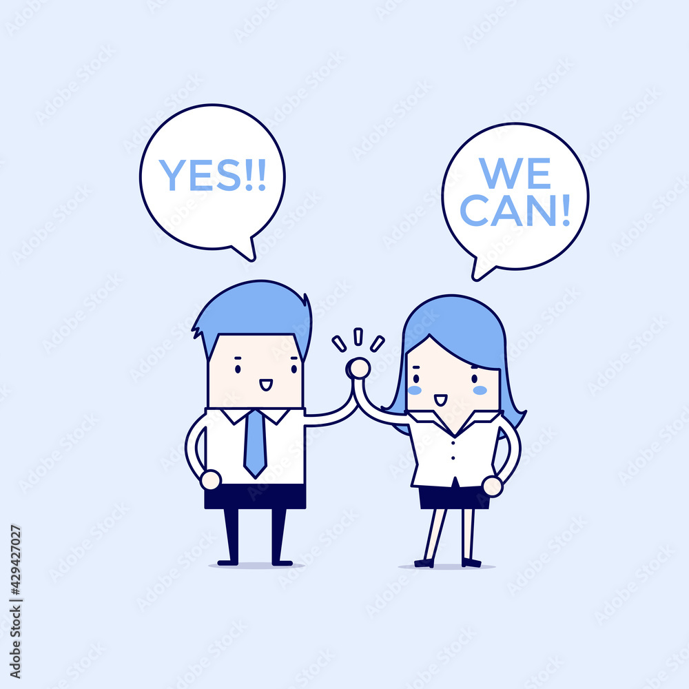 Businessman and businesswoman giving each other a high five, Yes We Can. Cartoon character thin line style vector. Businessman and businesswoman giving each other a high five, Yes We Can. Cartoon character thin line style vector.
