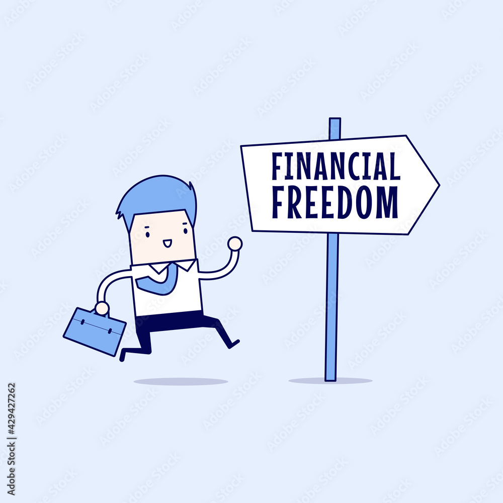Businessman with Financial Freedom sign. Cartoon character thin line style vector.