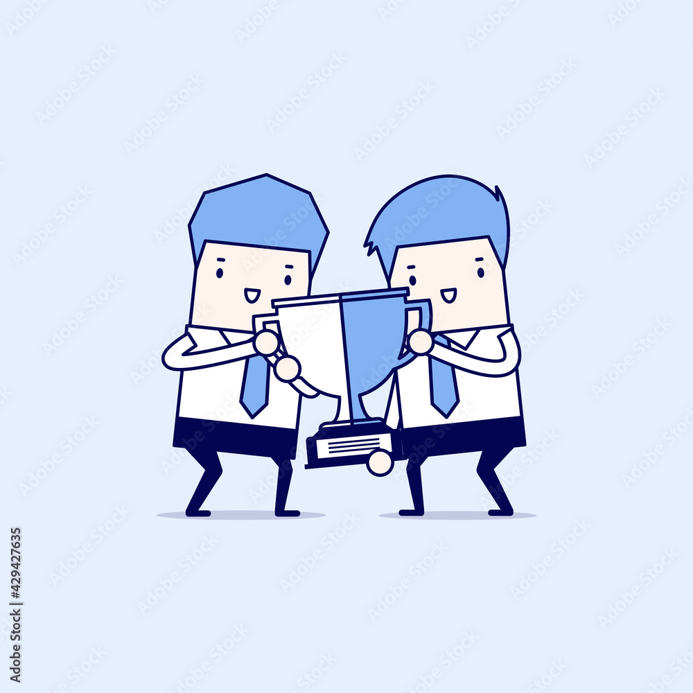 Two businessmen holding gold winner cup together. Teamwork, cooperation and partnership concept. winning award. Cartoon character thin line style vector. Two businessmen holding gold winner cup together. Teamwork, cooperation and partnership concept. winning award. Cartoon character thin line style vector.