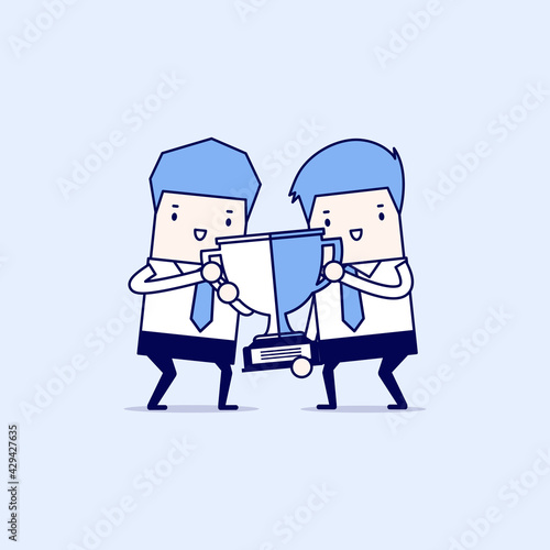 Two businessmen holding gold winner cup together. Teamwork, cooperation and partnership concept. winning award. Cartoon character thin line style vector.