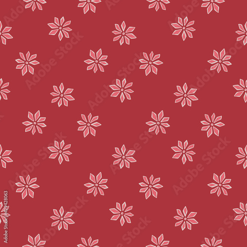 Geometric style abstract seamless pattern with pink carnation flowers ornament. Red background.
