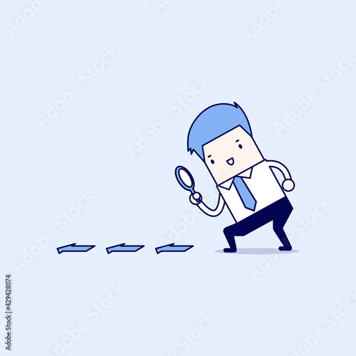 Businessman searching through a magnifying glass. Searching, details, clue concept. Cartoon character thin line style vector.