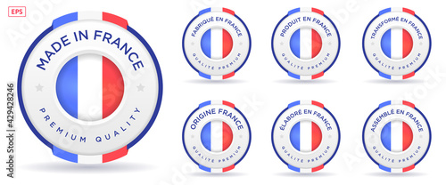 set badge logotype of Made in France badge with ribbon and flag on white background, modern color symbol logo for packaging design
