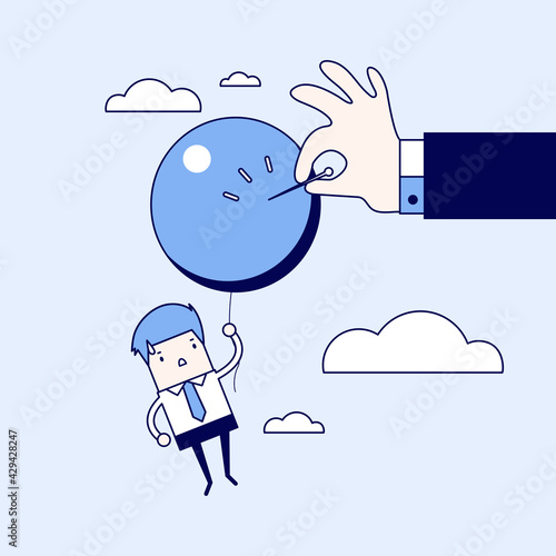Businessman hand pushing needle to pop the balloon. Cartoon character thin line style vector.