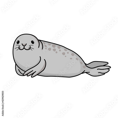 Vector hand drawn outline doodle icon fur seal isolated on white background. Happy gray seal lying on the beach and smiling. Ocean animal illustration.