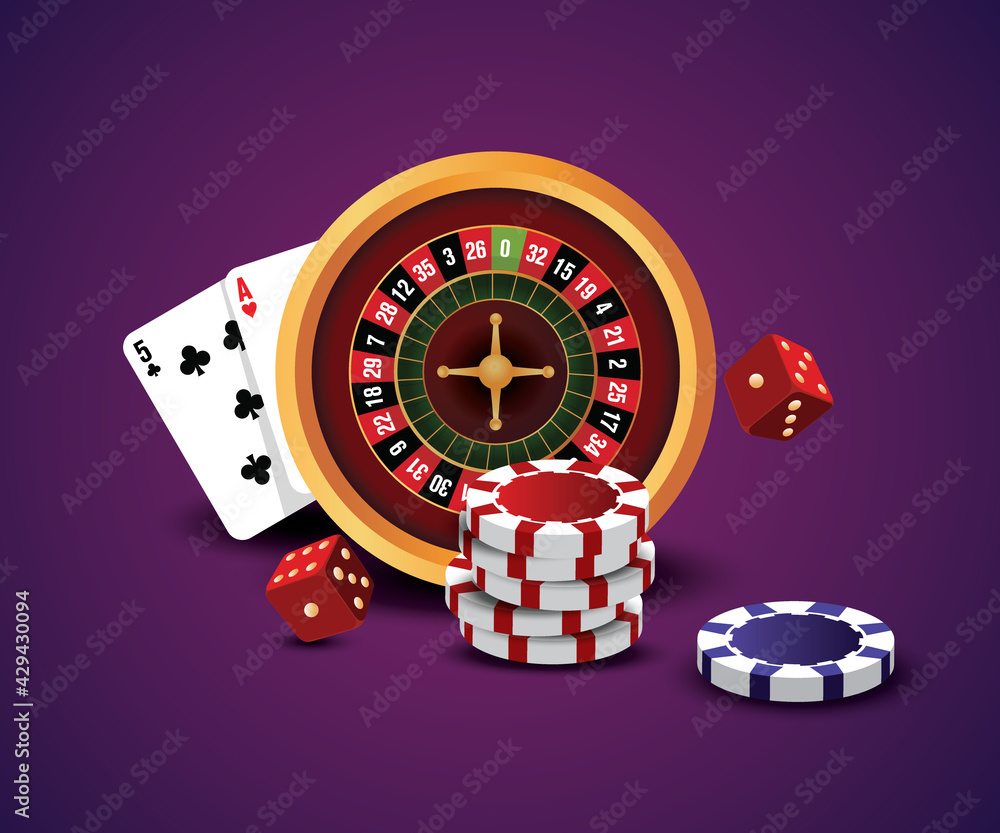 Obraz premium Casino roulette wheel with dice, poker chips and playing cards - Illustration