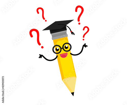 A pencil in an academic cap. Question mark. Cartoon. Vector illustration.