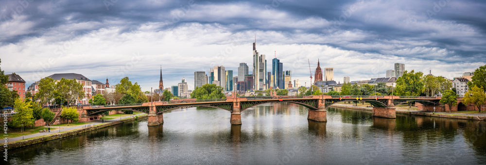 Panorama of Frankfurt skyscrapers at cloudy day. Germany