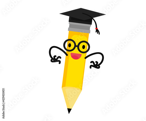 Pencil in an academic cap. Cartoon. Vector illustration.
