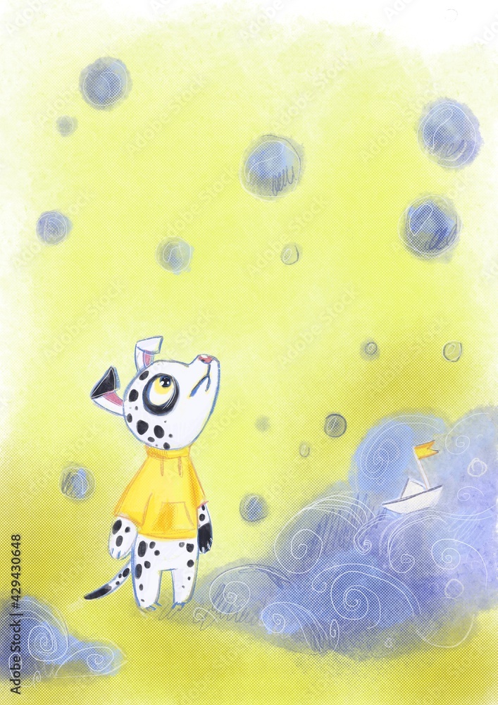Little cute dalmatian in a yellow raincoat walks in the rain