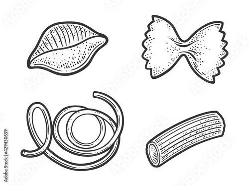 Pasta products set sketch engraving vector illustration. T-shirt apparel print design. Scratch board imitation. Black and white hand drawn image.