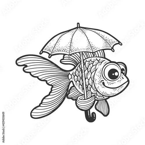 Cartoon golden fish with umbrella sketch engraving vector illustration. T-shirt apparel print design. Scratch board imitation. Black and white hand drawn image.