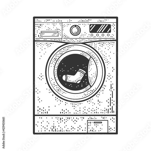 Washing machine wash sock sketch engraving vector illustration. T-shirt apparel print design. Scratch board imitation. Black and white hand drawn image.