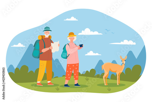 Elderly couple is spending time outdoors in park while travelling