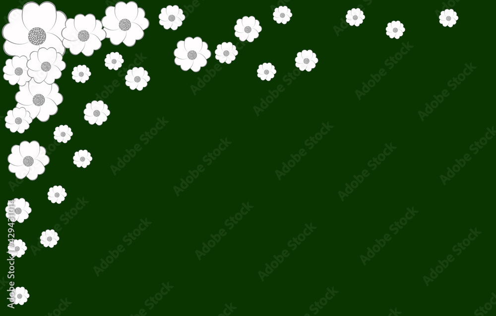 Postcard with for text. Frame of white flowers on a dark green background