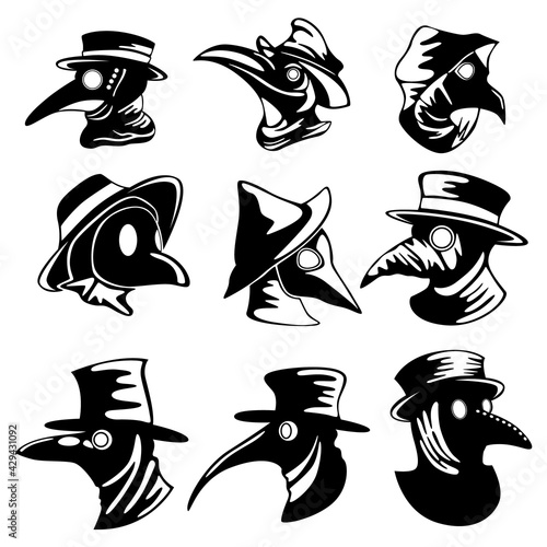 A set of nine plague doctor masks isolated on a white background.
