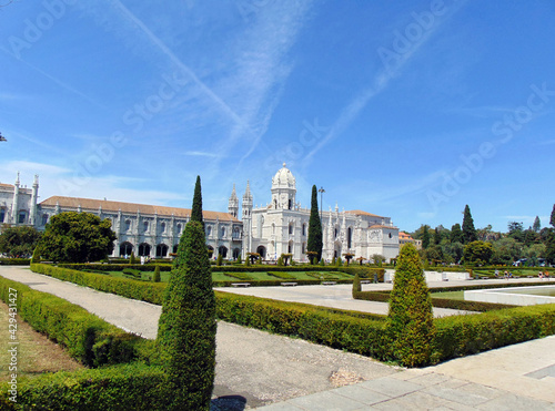 View of the Jeronimos monastery and the park on a fine June day