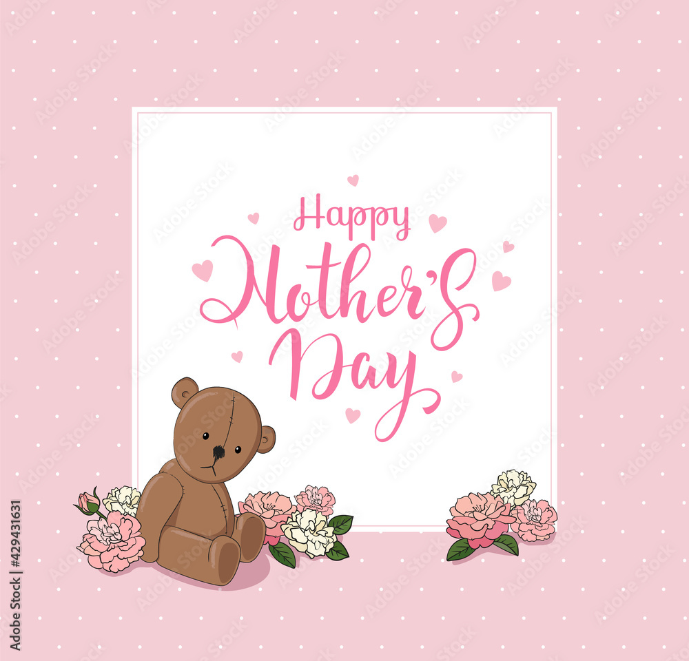 Happy Mother's Day greeting card design concept with beautiful peony flowers, Teddy bear toy and handwritten lettering. - Vector illustration Happy Mother's Day greeting card design concept with beautiful peony flowers, Teddy bear toy and handwritten lettering. - Vector illustration