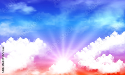 The sun breaks through the white clouds, vector art illustration.
